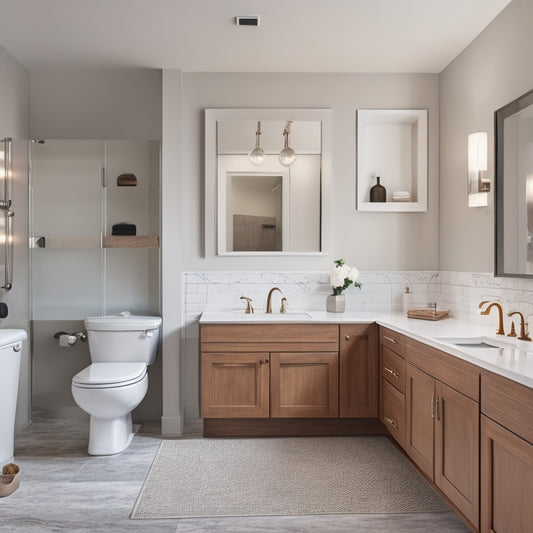 A bathroom with sleek, modern fixtures, featuring three wall cabinets in different styles and finishes, installed above a sink, toilet, and bathtub, with soft, warm lighting and a subtle tile backsplash.