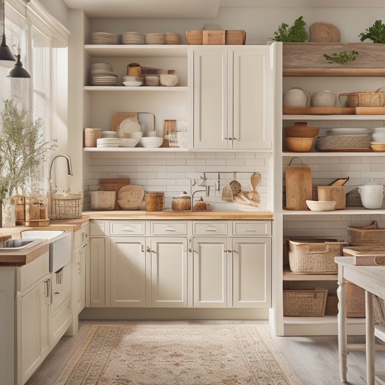 A clutter-free kitchen with open cabinets showcasing stacked dinner plates, utensil organizers, and baskets filled with spices, surrounded by a calm, creamy background and soft, natural light.