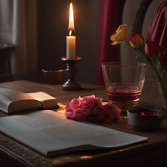 A serene, candle-lit room with a therapist's chair, a worn journal, and scattered rose petals; a subtle, warm glow emanates from the journal, symbolizing the therapist's emotional journey.