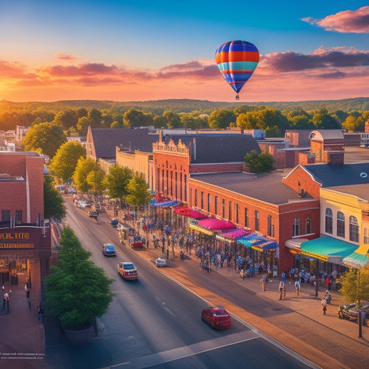 A vibrant illustration of Clarksville's cityscape at sunset, featuring a bustling downtown area with people walking, a river flowing through the center, and hot air balloons soaring above the rooftops.