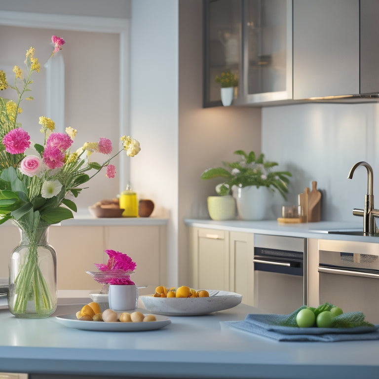 A serene, well-lit kitchen with a few, carefully placed decorative items, a vase with fresh flowers, and a few cookbooks on a clutter-free countertop, surrounded by sleek, minimalist appliances.