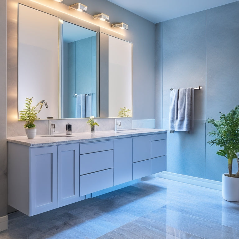A modern bathroom featuring a sleek, wall-mounted vanity with a rectangular mirror above, chrome faucet, and ambient LED lighting, set against a backdrop of gray marble walls and floors.
