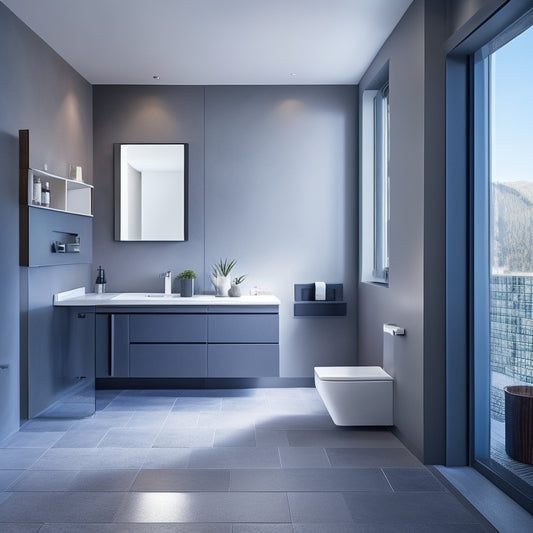 A sleek, minimalist bathroom featuring a wall-mounted toilet with a slim, curved silhouette, paired with a matching bidet and surrounded by large, dark-gray floor tiles and a floor-to-ceiling glass shower enclosure.