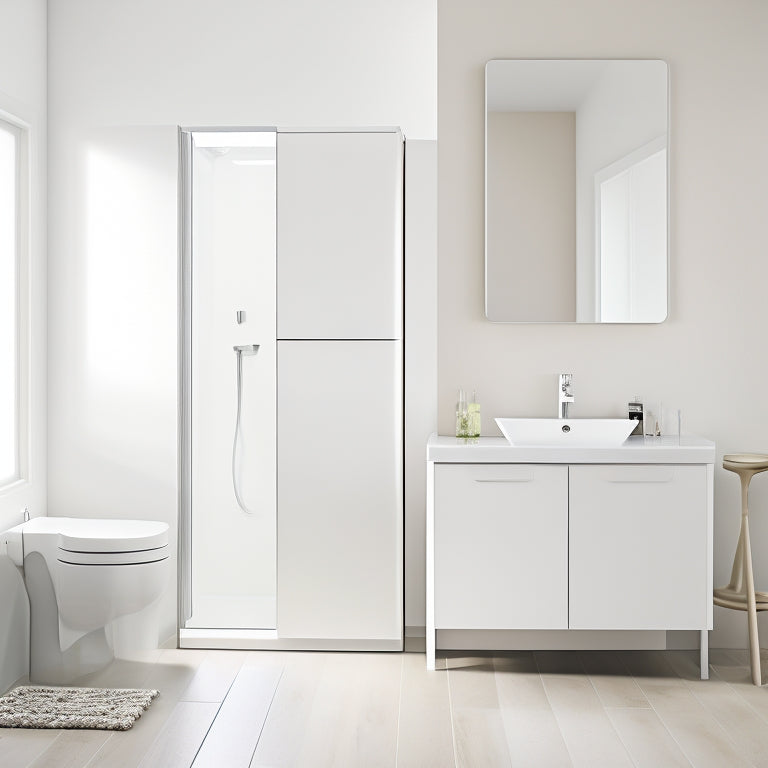 A modern bathroom with a wall-mounted, white PVC cabinet featuring a sleek, minimalist design, soft-close doors, and a polished chrome handle, surrounded by neutral-toned walls and flooring.