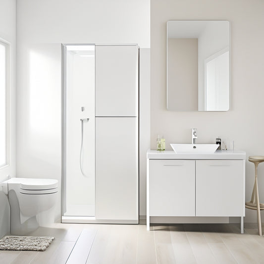 A modern bathroom with a wall-mounted, white PVC cabinet featuring a sleek, minimalist design, soft-close doors, and a polished chrome handle, surrounded by neutral-toned walls and flooring.