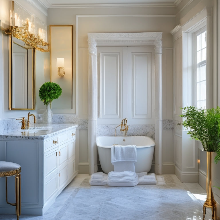 A serene bathroom with a corner cabinet featuring ornate glass doors, soft LED lighting, and a Carrara marble countertop, surrounded by crisp white walls and a freestanding tub.