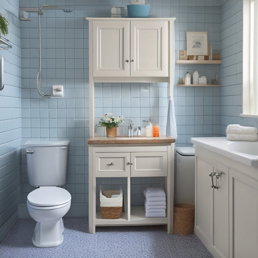 A tidy, compact bathroom with a wall-mounted cabinet, a pedestal sink with a slide-out drawer, a recessed medicine cabinet, and a woven basket storing toilet paper rolls and towels.