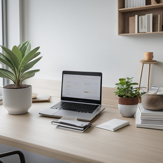 A serene, minimalist desk with a laptop open to Notion's Organizer Template, surrounded by a few neatly arranged office supplies and a small potted plant, set against a soft, blurred background.