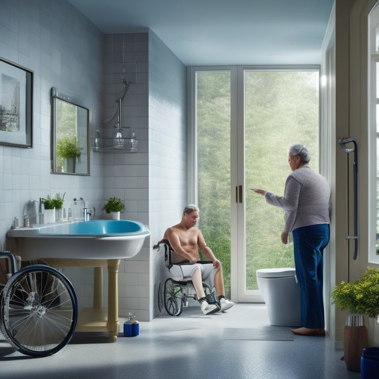 A serene bathroom scene with a person with ALS sitting comfortably in a wheelchair-accessible bathtub, surrounded by grab bars, non-slip mats, and a gentle showerhead, conveying safety and independence.