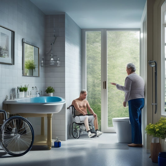 A serene bathroom scene with a person with ALS sitting comfortably in a wheelchair-accessible bathtub, surrounded by grab bars, non-slip mats, and a gentle showerhead, conveying safety and independence.
