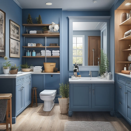 A realistic illustration of a bathroom with a partially installed shaker cabinet, tools scattered around, and a DIY enthusiast in the background, surrounded by cabinet boxes and hardware.