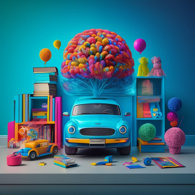 A bright, colorful illustration of a child's brain with glowing, electrified neurons and thought bubbles, surrounded by toys, books, and learning tools, with a subtle, speeding car in the background.