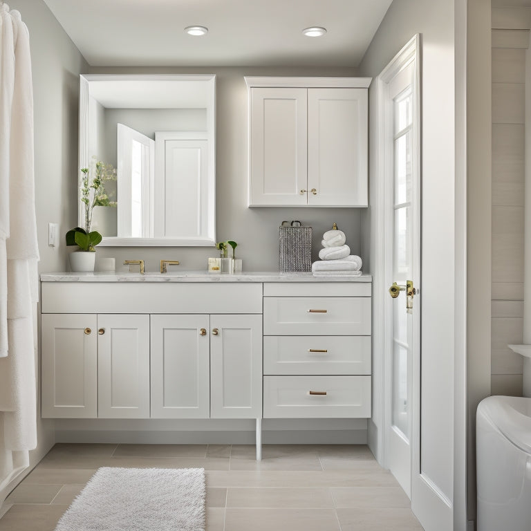 A serene, modern bathroom with sleek, white cabinets featuring soft-close drawers of varying sizes, filled with neatly organized toiletries and towels, set against a calming, light-gray background.