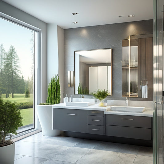 A modern, sleek bathroom with a freestanding tub, surrounded by floor-to-ceiling glass walls, and a minimalist sink vanity, set against a backdrop of a virtual planning interface with 3D design elements.