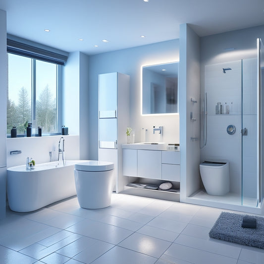 A modern bathroom with sleek, white fixtures and a large, freestanding tub, surrounded by a futuristic, augmented reality interface displaying 3D design options and swatches.