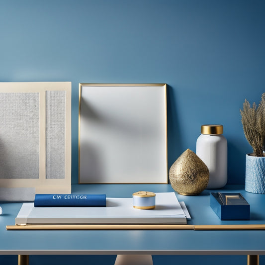 A serene, modern desk with a few, carefully arranged office supplies, surrounded by a subtle, gradient blue background, featuring a delicate, golden thread weaving through scattered papers, symbolizing control and harmony.