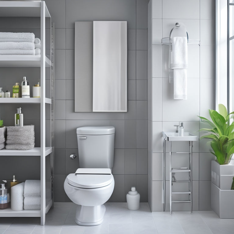 A modern bathroom with a toilet surrounded by three-tiered shelves in a sleek, chrome finish, holding various bathroom essentials, such as towels, toilet paper, and decorative items.