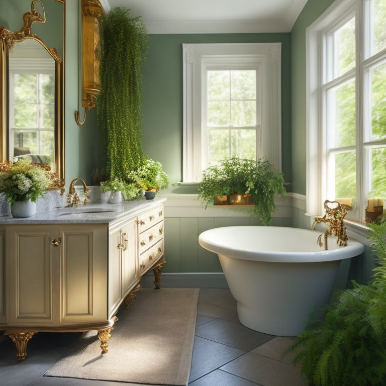 A serene, well-lit bathroom with a freestanding tub, surrounded by lush greenery, featuring a mix of modern and traditional fixtures, and a large, ornate mirror above a sleek, white vanity.