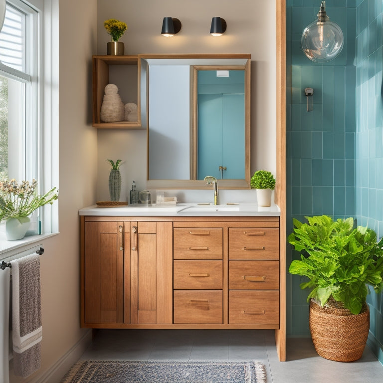 A modern bathroom with a wall-mounted cabinet featuring pull-out drawers, a recessed medicine cabinet with a mirrored door, and a floating shelf above the sink holding a woven basket and decorative vases.