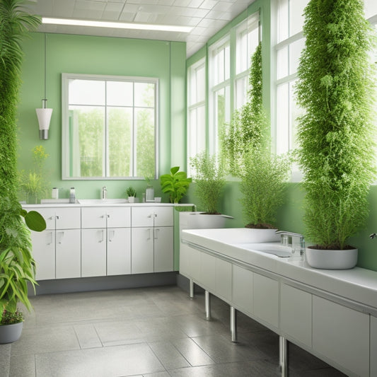 A clean and modern school restroom with shiny fixtures, a sparkling floor, and a few students washing their hands at sinks, surrounded by green plants and a subtle background of gentle, calming colors.