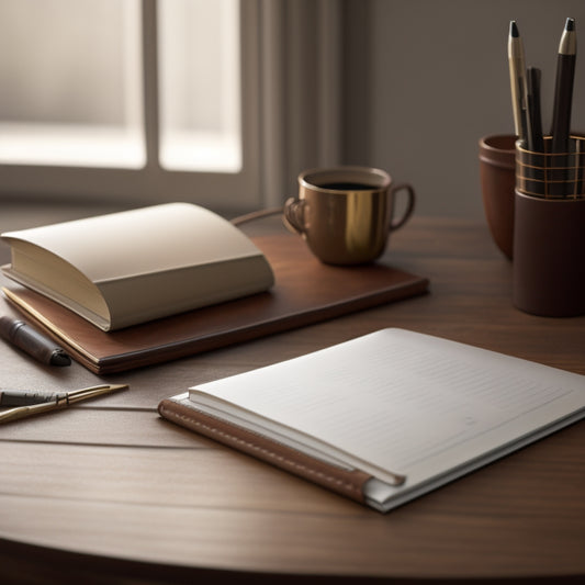 A serene, minimalist desk with a leather-bound journal, a sleek day planner, and a few scattered pens, set against a soft, creamy background with a subtle woodgrain texture.