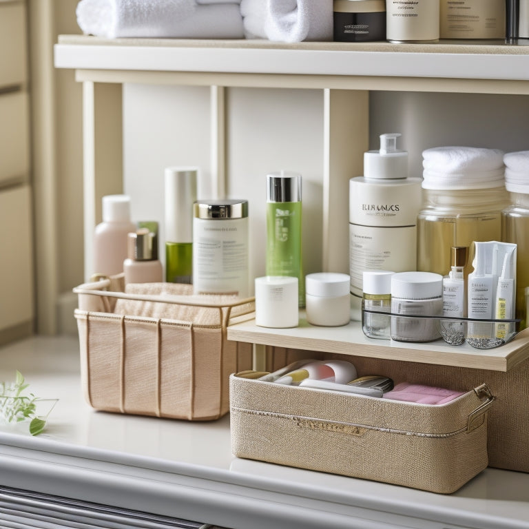 A beautifully organized bathroom drawer with dividers, baskets, and small containers, showcasing a tidy arrangement of toiletries, cosmetics, and skincare products, with a soft, natural light illuminating the space.