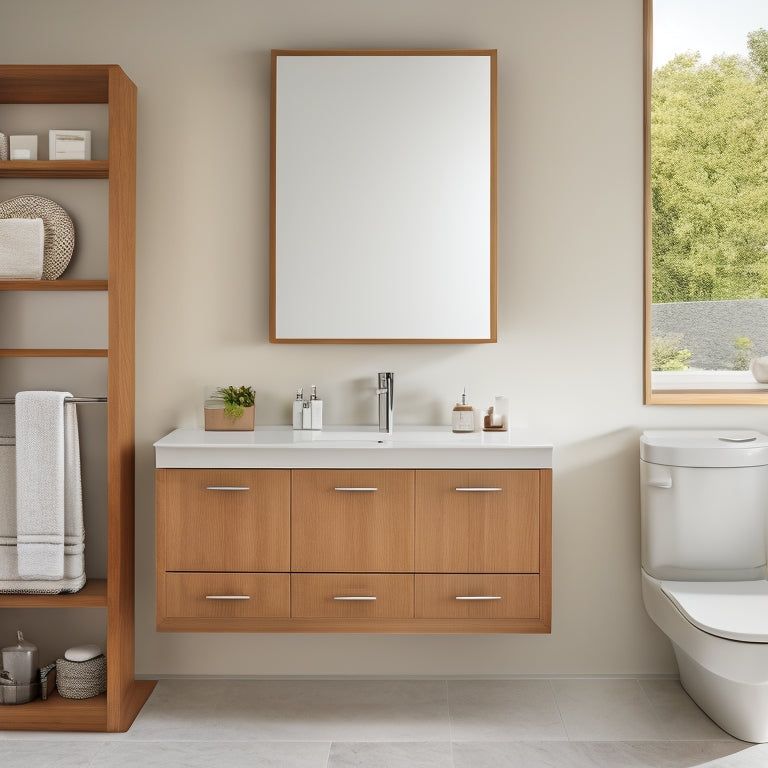 A modern bathroom with a large, wall-mounted cabinet featuring two floating shelves in a warm, wood tone, surrounded by sleek, white countertops and a stainless steel sink.