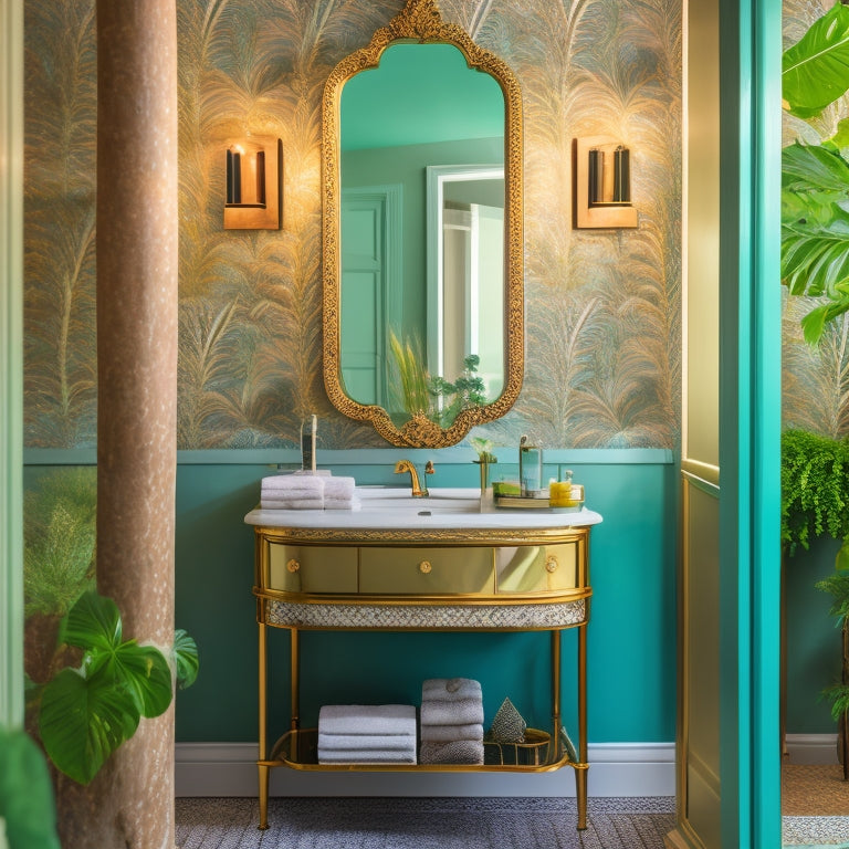 An elegant bathroom with a statement wallpaper featuring a botanical garden motif, paired with a geometric-patterned mirror and a shelf adorned with seashells and pampas grass, surrounded by soft, warm lighting.