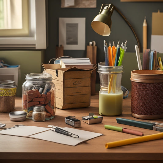 A cluttered desk with scattered papers, pens, and office supplies transforms into an organized workspace with repurposed items: a mason jar pencil holder, a binder clip cord organizer, and a reused cardboard box file cabinet.