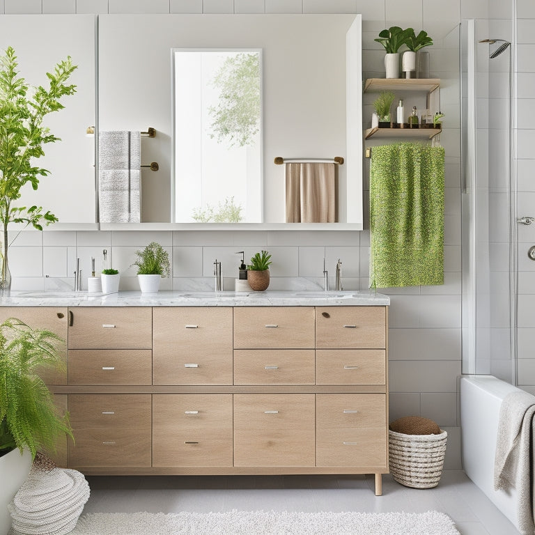 A modern bathroom featuring sleek, minimalist storage cabinets in soft white and natural wood. Shelves filled with neatly arranged towels and toiletries, a potted plant accentuating the space, and stylish lighting creating a warm ambiance.