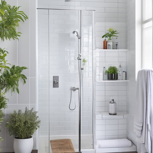 A minimalist shower corner with a sleek, chrome-finished shelf unit, holding a few rolled towels, a soap dispenser, and a small potted plant, against a backdrop of white subway tiles and a glass shower door.