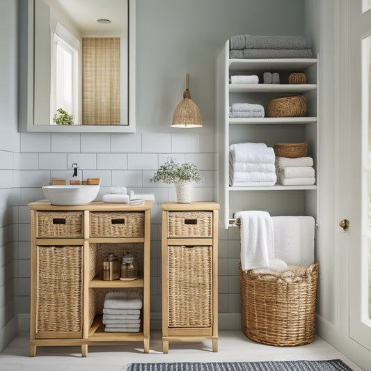 A serene, well-lit bathroom with a wall-mounted cabinet, a freestanding shelving unit, and a woven basket storing toiletries, surrounded by a calm, neutral-colored background.