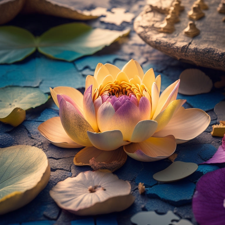 A vibrant, blooming lotus flower emerging from a cracked, worn-out shell, surrounded by scattered puzzle pieces, with a subtle, shimmering aura and a soft, golden light in the background.