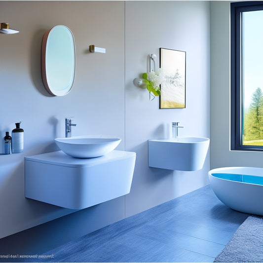 A sleek, modern bathroom with three wall-mounted sinks in different styles: a minimalist, rectangular sink with a single faucet; a curved, vessel-style sink with a wall-mounted faucet; and a futuristic, oval sink with a touchless faucet.