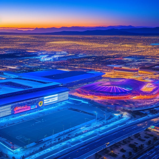 A vibrant, aerial view of Allegiant Stadium at dusk, with neon lights reflecting off the surrounding Las Vegas Strip, surrounded by bustling streets and sleek, modern skyscrapers.