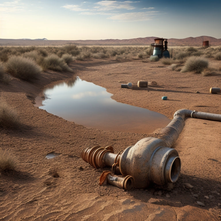 A cracked, dry earth landscape with a faint outline of a water droplet in the background, surrounded by rusty pipes, broken water pumps, and discarded plastic bottles.