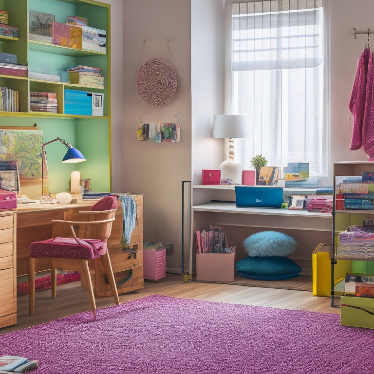 A colorful, clutter-free dorm room with a neatly made bed, a desk with a laptop and notebooks, and a bookshelf with textbooks and decorative items, surrounded by shopping bags and discount tags.