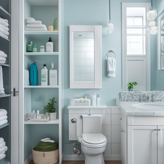 A cluttered bathroom with toiletries scattered on countertops and a messy shower area, contrasted with a tidy, organized space featuring a wall-mounted cabinet, a pedestal sink with built-in storage, and a shower caddy.