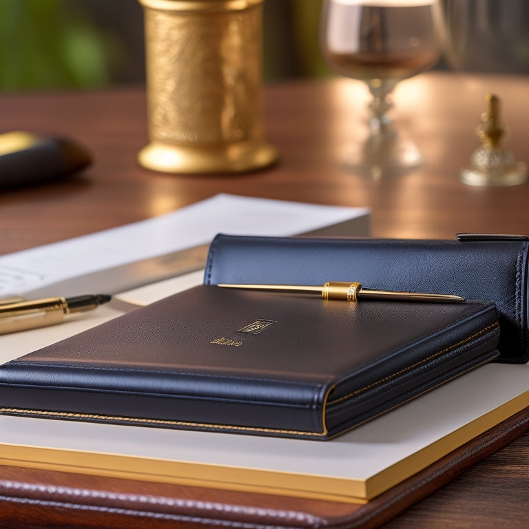 A leather-bound manual holder with gold accents and a sleek design, placed on a polished wooden desk, surrounded by a few scattered business cards and a pen.