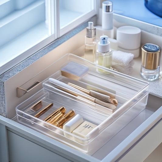 A neatly arranged bathroom drawer filled with clear acrylic organizers, showcasing various compartments for toiletries, makeup, and grooming tools, all in a soft, neutral-toned bathroom setting with natural light illuminating the contents.