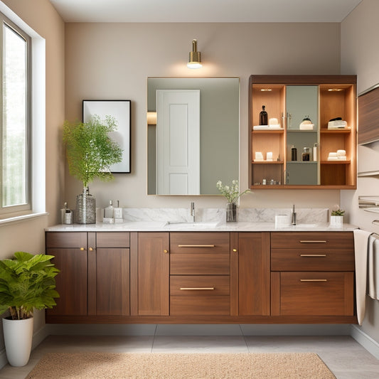 A sleek, modern bathroom with 5 stylish wall cabinets in different shapes, sizes, and finishes, against a neutral background, with soft, warm lighting and a few decorative bathroom essentials.