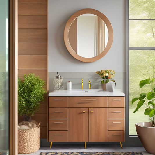 A bright, modern bathroom with a freestanding cabinet in a warm wood tone, adorned with sleek metal hardware, standing beside a ceramic sink and a large, oval mirror.