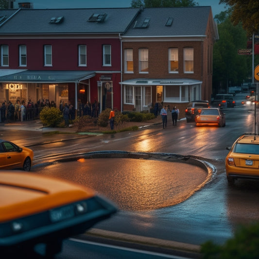 A darkened residential street with overflowing storm drains, murky water flooding the sidewalk, and a bright orange "Road Closed" barrier at the intersection, surrounded by concerned onlookers.