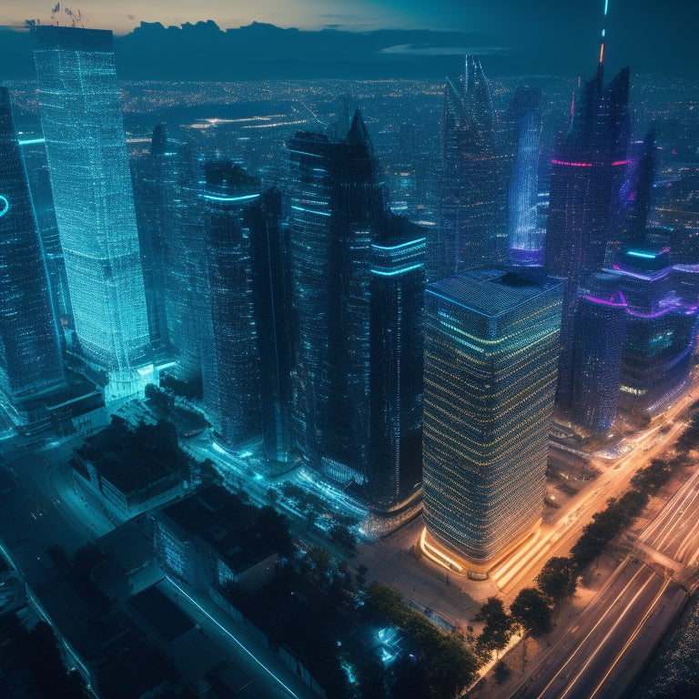 A futuristic, neon-lit cityscape at dusk with sleek skyscrapers, illuminated coding symbols, and swirling digital patterns, featuring a central hub of glowing laptops and tablets connected by beams of light.