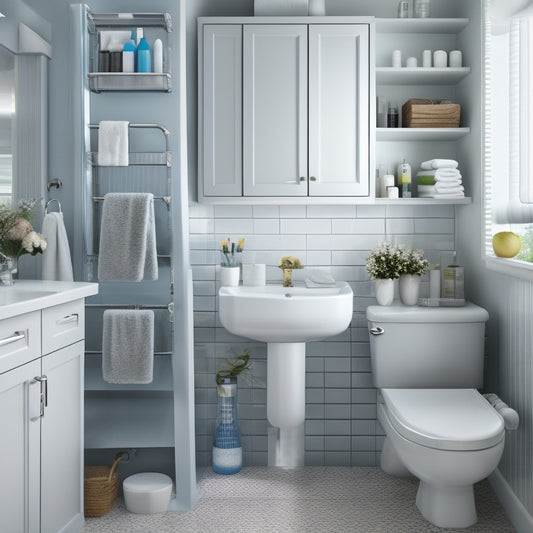 A cluttered small bathroom with toiletries scattered around a cramped sink area, contrasted with a tidy version of the same space featuring a wall-mounted cabinet, a pedestal sink with built-in storage, and a shower caddy.