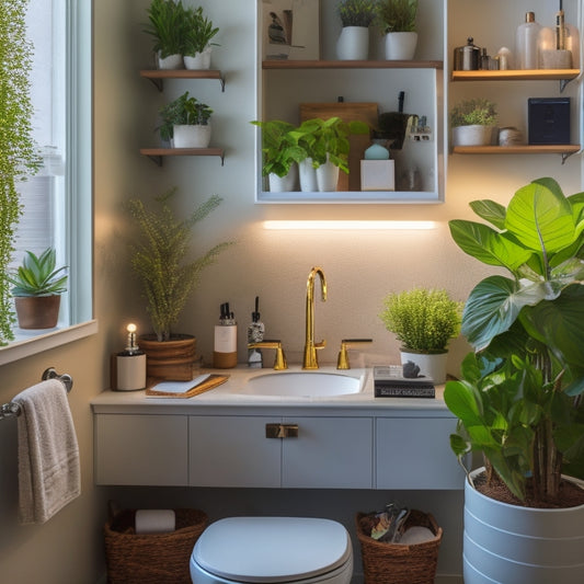 A tidy, well-lit bathroom with a sleek vanity, organized shelves, and a few decorative plants, surrounded by a laptop and a notebook with a pen, conveying a sense of learning and organization.