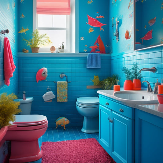 A bright, kid-friendly bathroom with a whimsical underwater theme, featuring a vibrant coral-hued sink, turquoise-tiled walls, and a shower curtain adorned with colorful sea creatures.