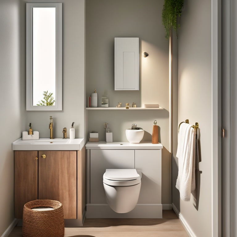 A minimalist, serene, and modern tiny bathroom with a wall-mounted sink, a compact toilet, and a recessed medicine cabinet, surrounded by soft, warm lighting and a calming, muted color palette.