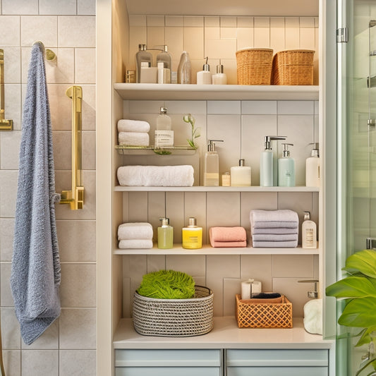 A modern bathroom scene showcasing sleek, multi-tiered cabinet organizers filled with neatly arranged toiletries, towels, and accessories, surrounded by stylish decor, soft lighting, and elegant tiles, emphasizing efficiency and aesthetic harmony.
