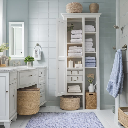 A clutter-free bathroom with a mix of open shelving and closed cabinets, featuring a freestanding storage unit with woven baskets, a recessed medicine cabinet, and a wall-mounted towel rack.